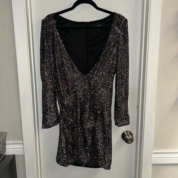 Lucy Paris Black Multicolor Sequenced Faux Wrap Holiday Mini Dress Size Large - Picture 2 of 11